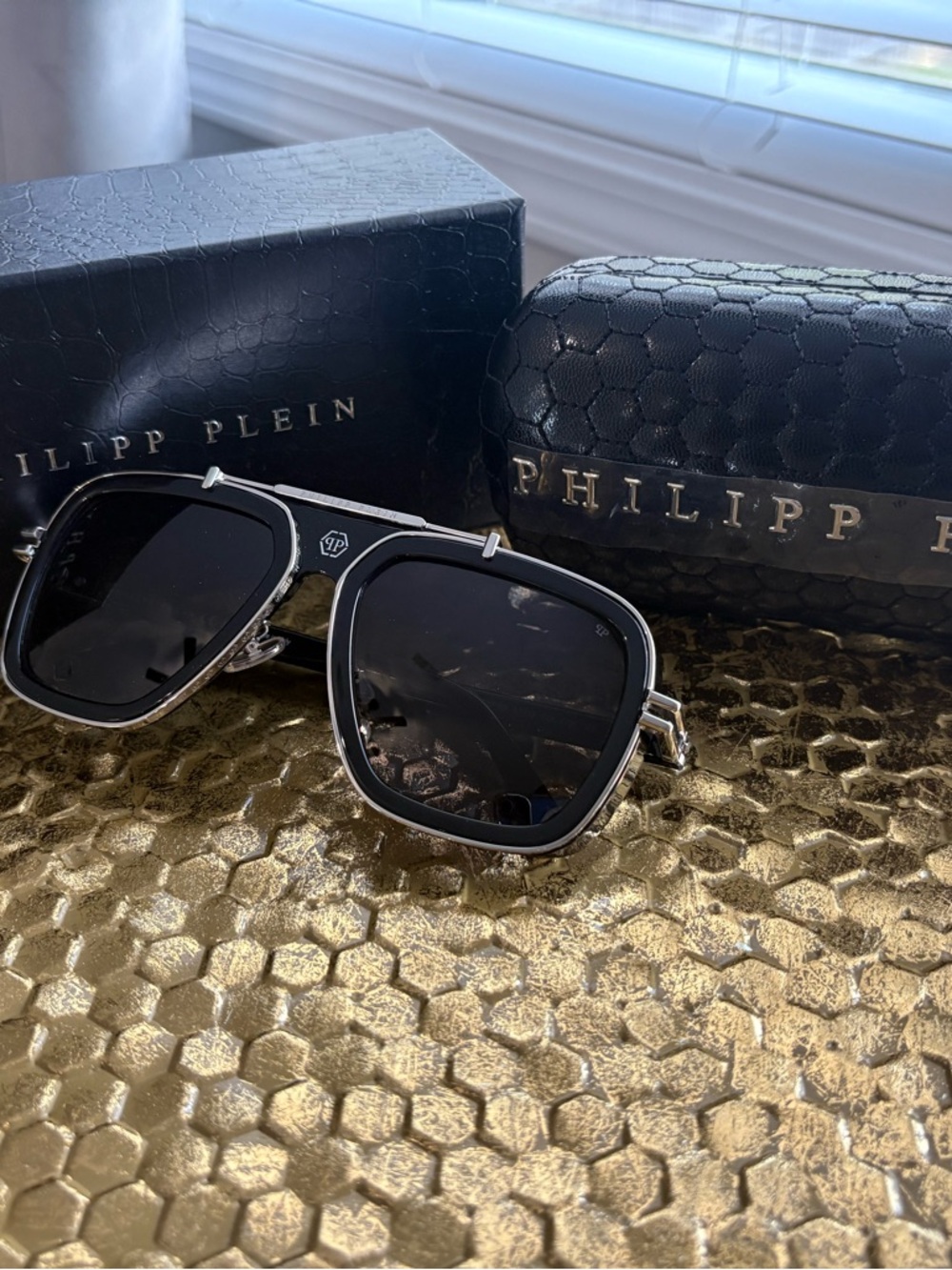 Philipp Plein Black and Silver Square Sunglasses with Logo Accent